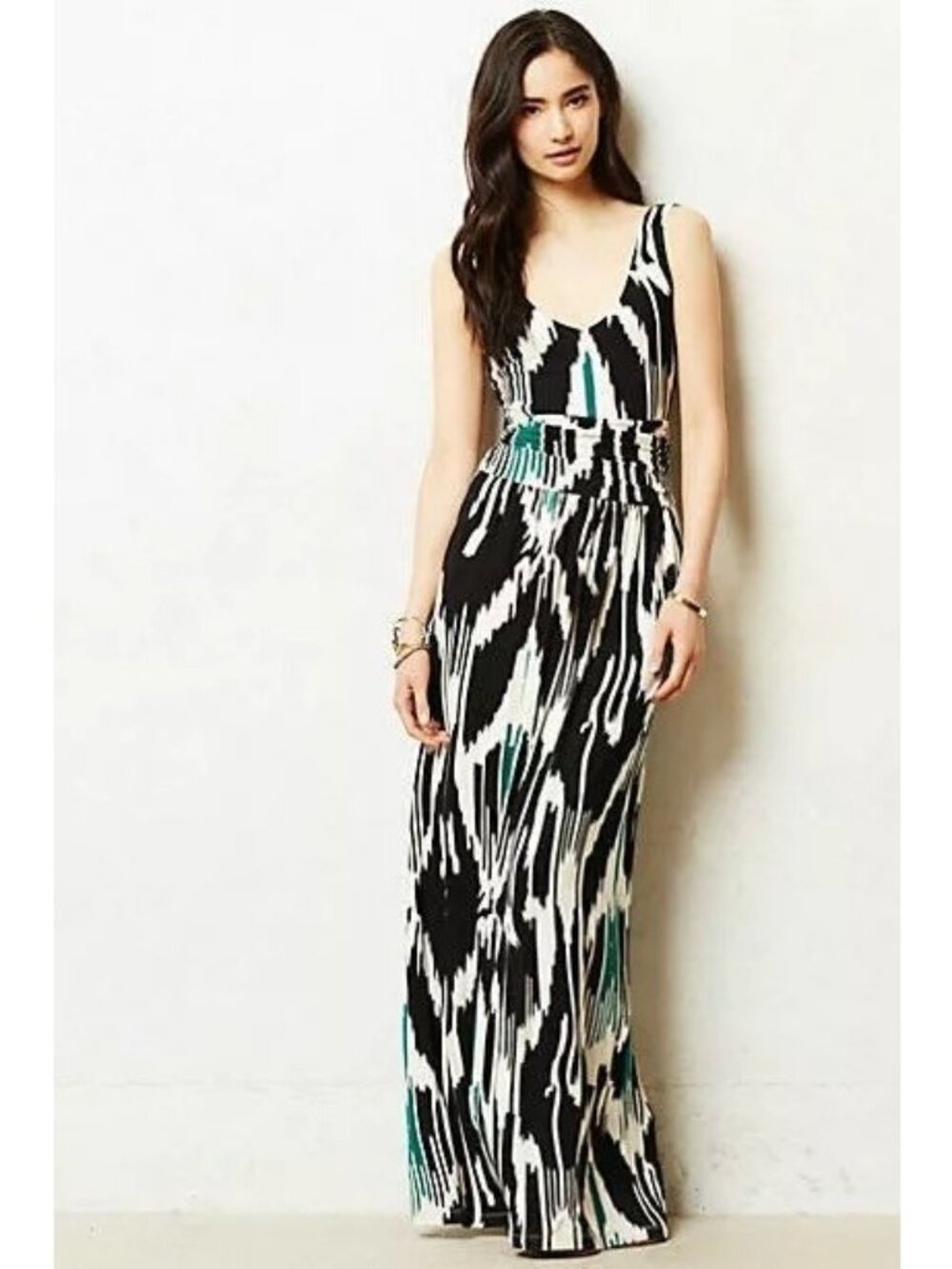 Anthropologie Black, White & Teal Abstract-Print Maxi Dress
